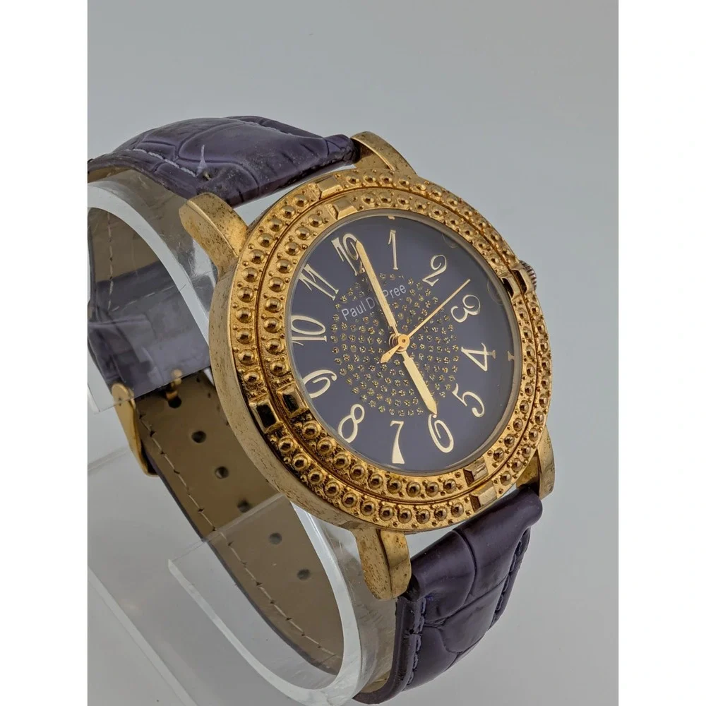 Paul Du Pree Watch Women 37mm Gold Case Purple Leather‎ Band- New Battery